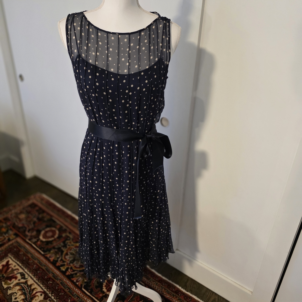 Teri Jon Navy Sheer Polka Dot Midi Dress